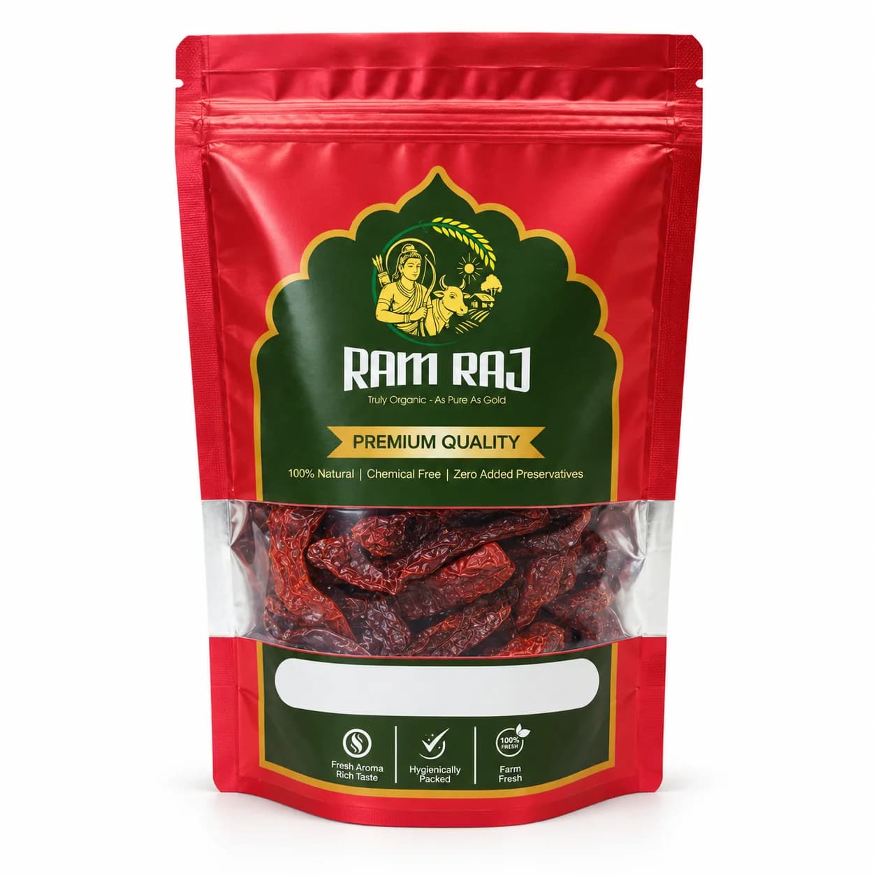 Whole Kashmiri red chillies in Ram Raj branded pouch