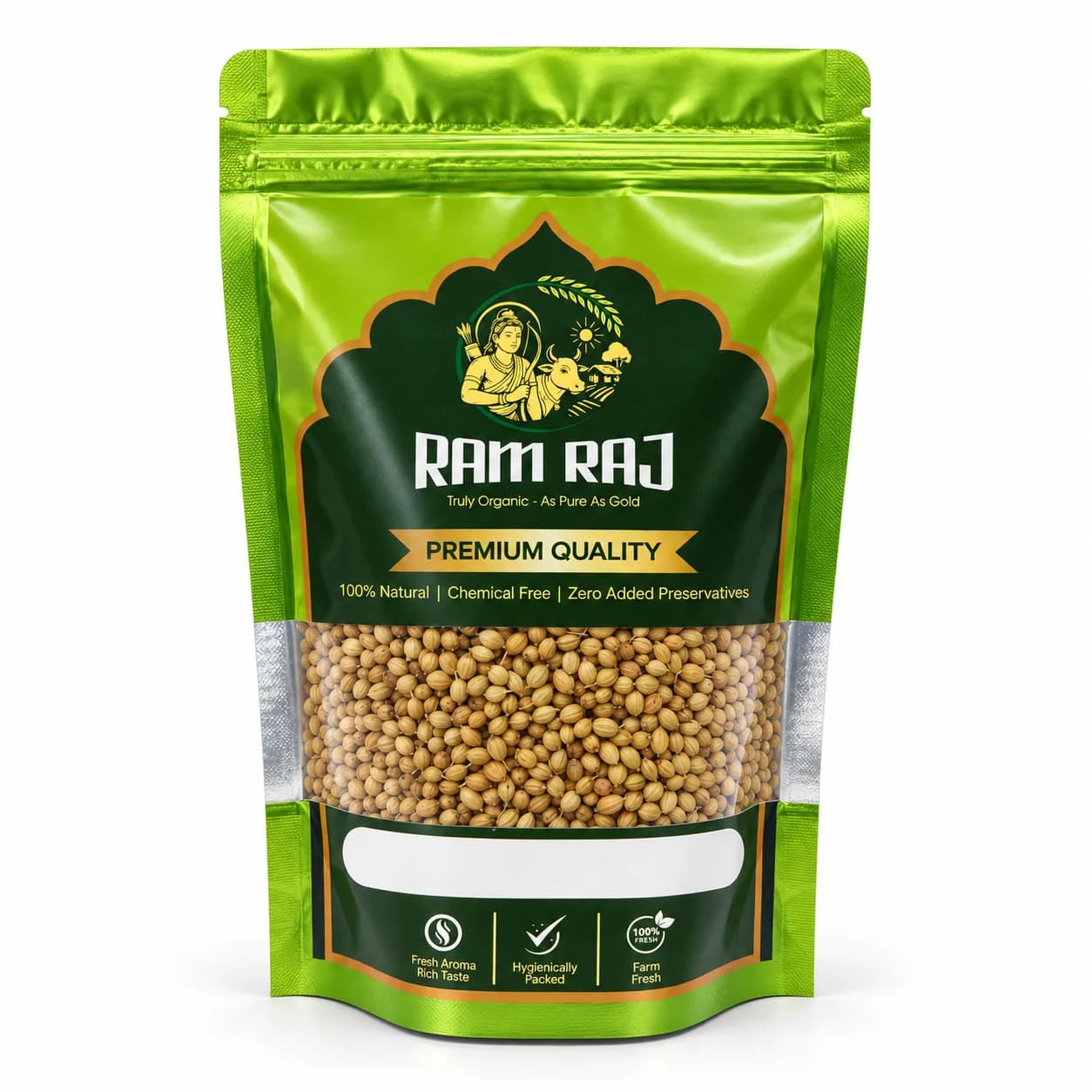 Whole Coriander Seeds (Dhaniya) in Ram Raj branded pouch